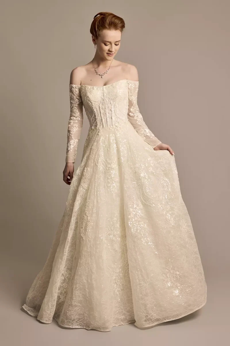 Off-the-Shoulder Pearl Beaded Lace Wedding Dress