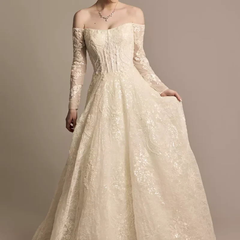 Off-the-Shoulder Pearl Beaded Lace Wedding Dress