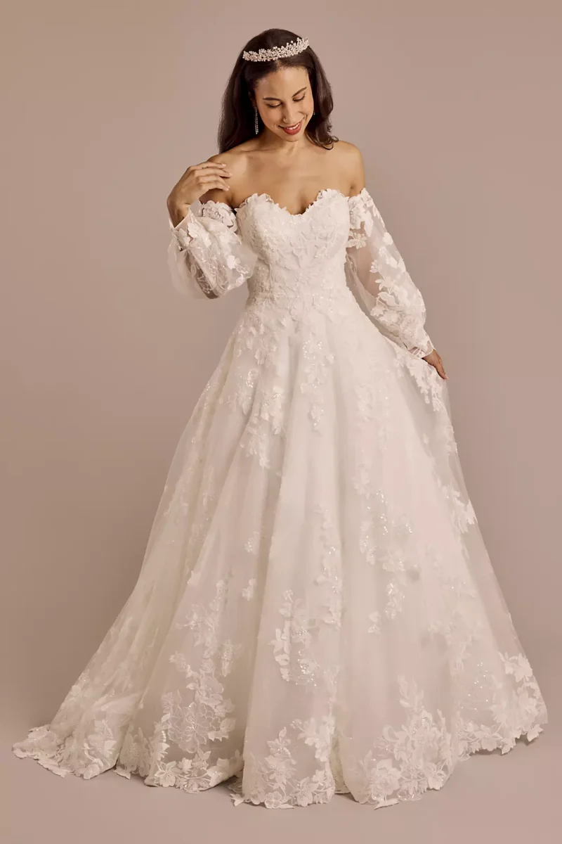 Lace Applique Gown with Removable Billow Sleeves