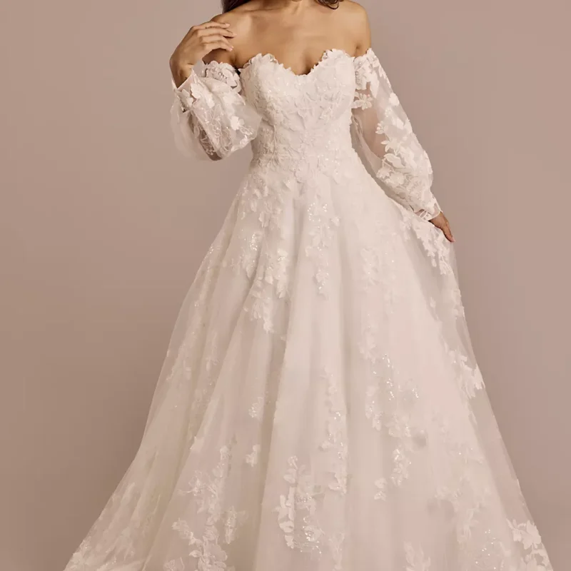Lace Applique Gown with Removable Billow Sleeves