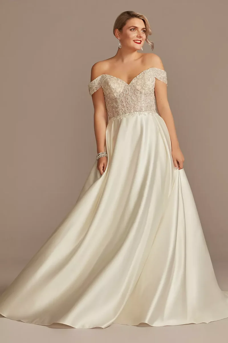 Off Shoulder Beaded Satin Wedding Dress