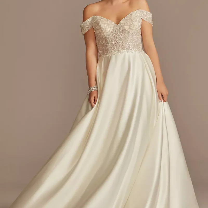 Off Shoulder Beaded Satin Wedding Dress