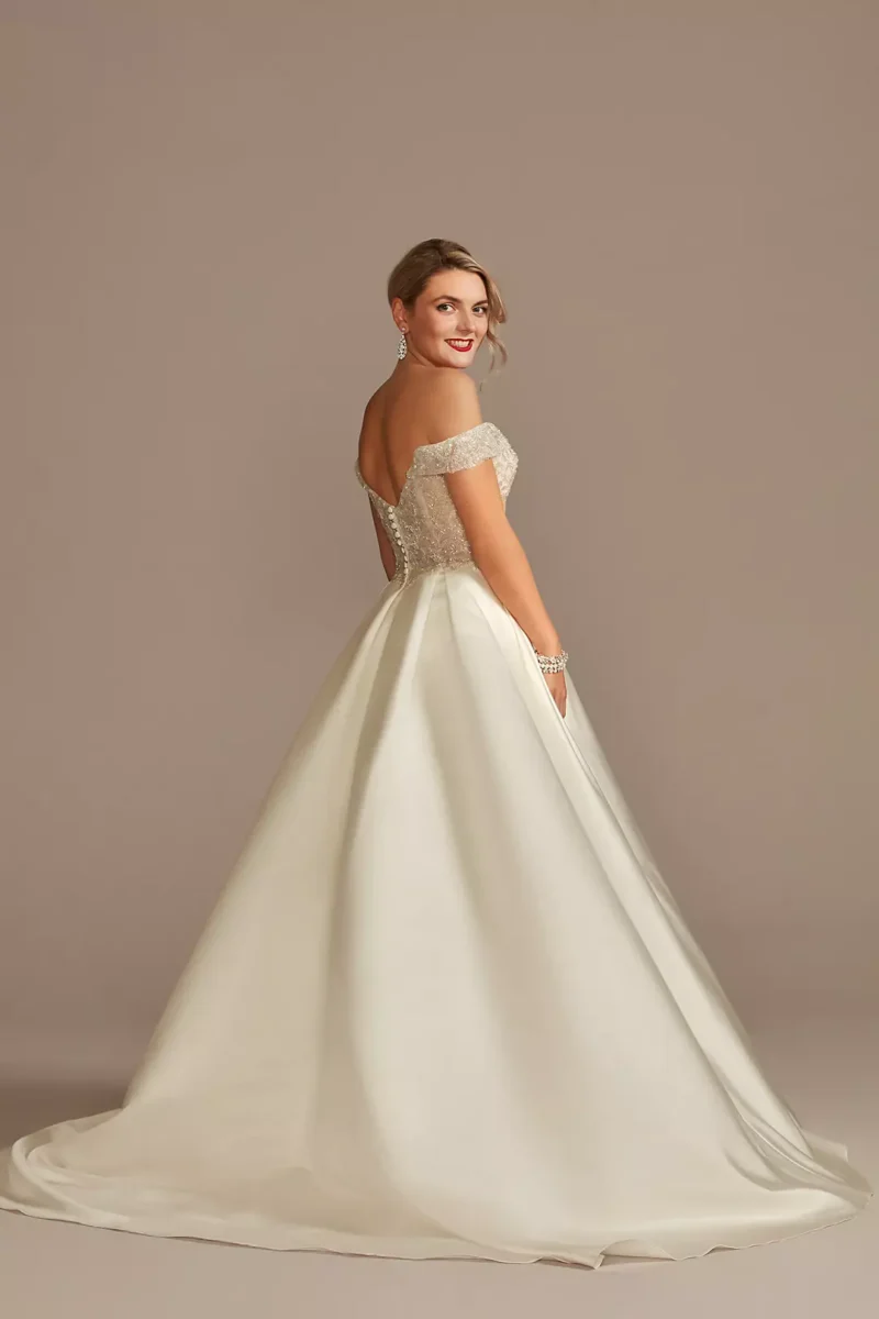 Off Shoulder Beaded Satin Wedding Dress - Image 3