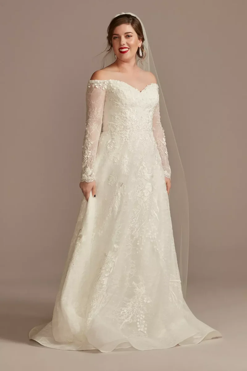 Leafy Applique Lace Off the Shoulder Wedding Dress
