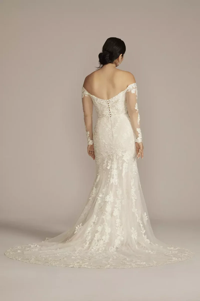 Off the Shoulder Lace Sleeve Trumpet Wedding Gown - Image 2