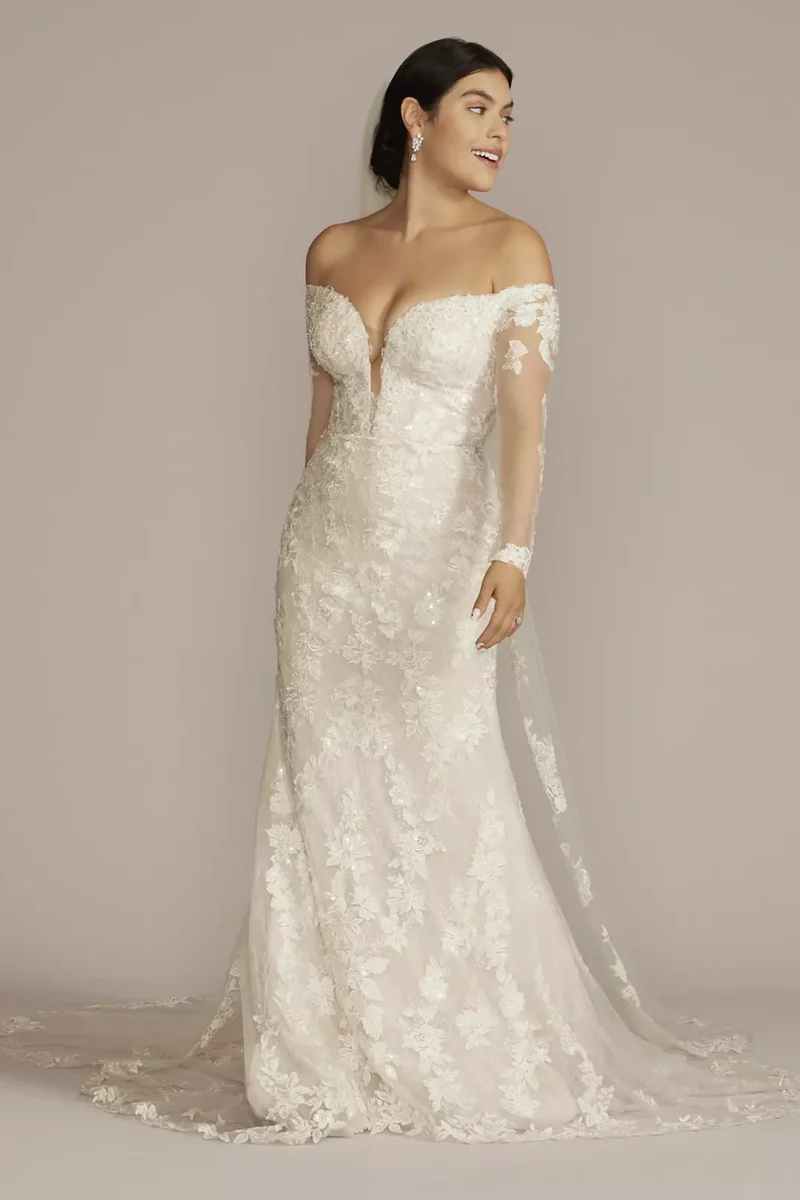 Off the Shoulder Lace Sleeve Trumpet Wedding Gown