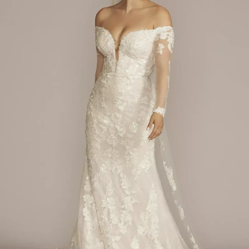 Off the Shoulder Lace Sleeve Trumpet Wedding Gown