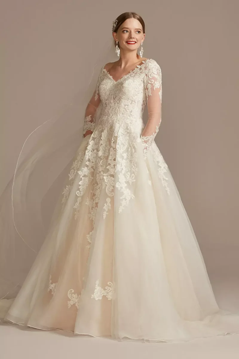 Lace and Tulle Long Sleeve Ball Gown Wedding Dress