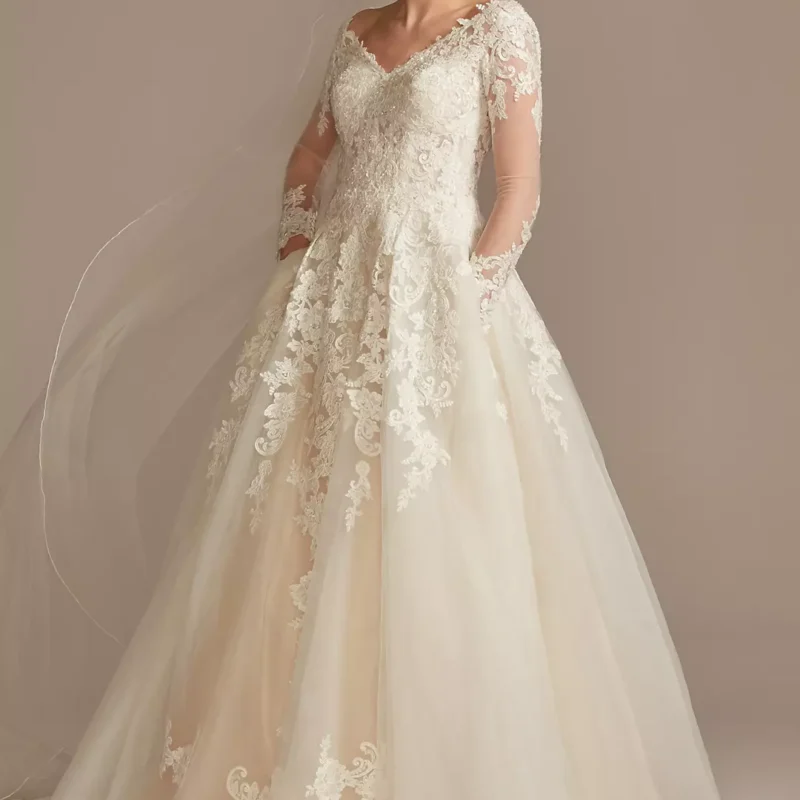 Lace and Tulle Long Sleeve Ball Gown Wedding Dress