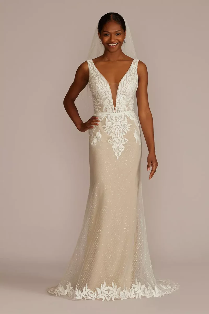 Illusion Plunge Lattice Skirt Wedding Gown