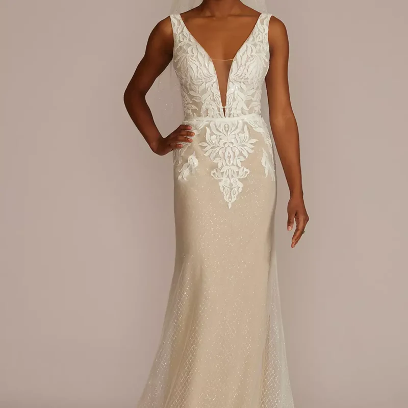 Illusion Plunge Lattice Skirt Wedding Gown