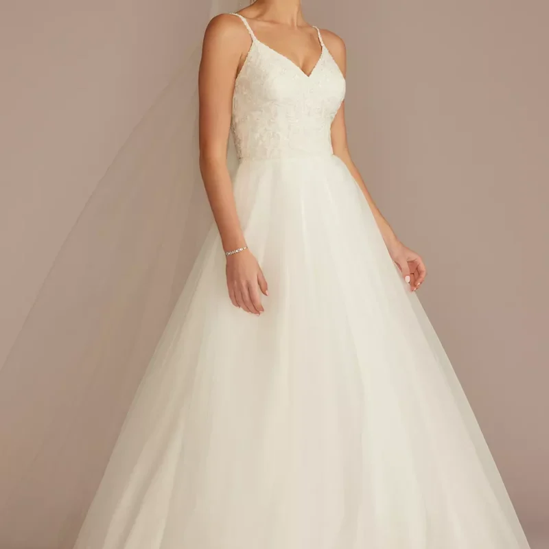Embroidered Bodice Tie Back A-Line Wedding Dress